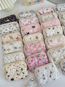 1pc Kawaii Quilted Flower Print Coin Purse With Bunny/Bowknot/Little Bear Pattern,Multifunctional Card Holder, Ins Style Korean Coin Purse Digital Bag Storage Bag.Portable And Stylish-Makeup Bag Portable Travel Toiletry Bag