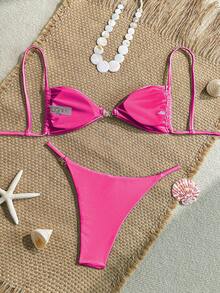 Bộ bikini gợi cảm 2 mảnh dành cho nữ, với phụ kiện bóng bẩy và chất liệu vải đặc biệt. - Màu Hồng Tươi - Xem 2