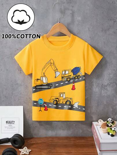 1 pieza Camiseta de manga corta de cuello redondo con estampado de excavadora de dibujos animados, casual para niño, para primavera/verano
