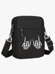这款时尚黑色牛津布单肩包，配有可调节肩带，大容量休闲斜挎手机包，适合男士使用，饰有骷髅和玫瑰印花，是情人节、万圣节旅行者的理想礼物，也可作为帆布手提包、相机包、万圣节配饰、侧包或旅行包使用。 - 彩色 - 查看 3