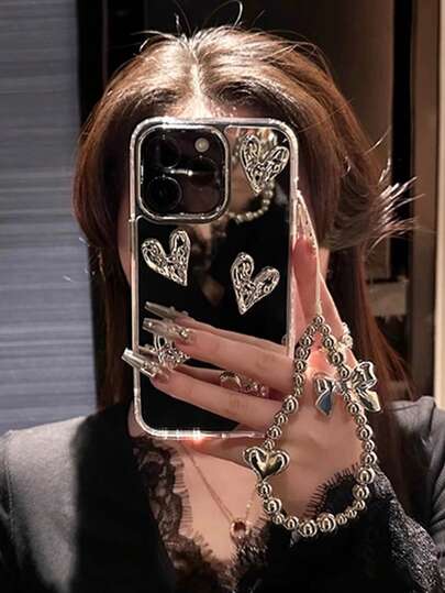 Luxury Glossy 3D Meteorite Texture Plating Silver Heart Bracelet Cute Phone Case Compatible With Iphone 16 15 14 13 12 Pro Max 14 15 Plus 11 Lens Protection Cover Waterproof Shockproof Anti-Fall Scratch Resistant