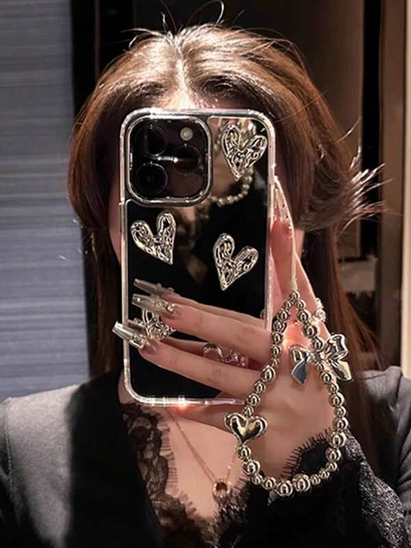 Luxuriöses, glänzendes 3D Meteorit-Textur versilbertes Herz Armband, süße Handyhülle kompatibel mit iPhone 16 15 14 13 12 Pro Max 14 15 Plus 11, Linsenschutz Cover Hülle
