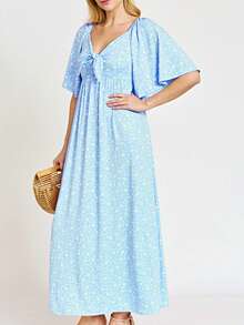 Boho Retro Floral Dot Rayon Mix Casual  Maxi Dress With Angel Sleeve Front Tie Versatile Summer Maxi Long Dress For Women - 藍色 - 查看 1