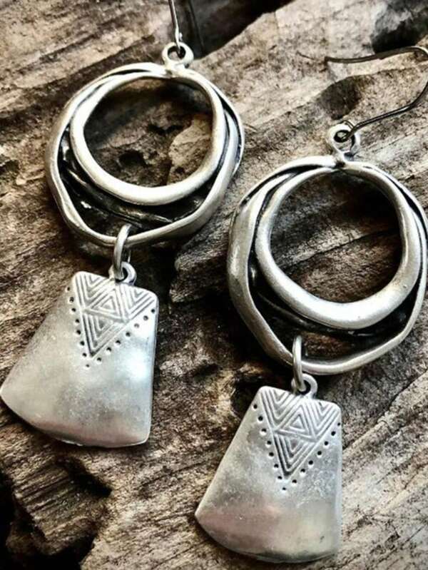 Vintage Geometric Shape Hollow Circle Design Dangle Earrings Retro Bohemian Style Silver Plated Jewelry Female Earrings