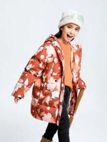 Annil Chaqueta acolchada de media longitud con estampado para niñas, abrigo de invierno para niños