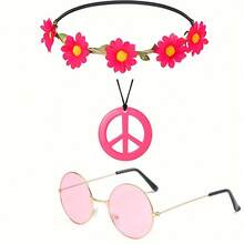 3 件套嬉皮士服装迪斯科套装包括 1 副嬉皮士眼镜、1 条和平标志项链和 1 个嬉皮士花环头带，非常适合 60 年代和 70 年代嬉皮士派对、舞会派对装扮套装万圣节