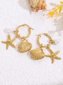 1pc Summer Shell Starfish Pearl Earrings Stainless Steel Ocean Style Gold Earrings Jewelry Women Beach Holiday Daily Wear