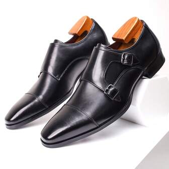 3-Eyelet Casual Leather Dress Shoes For Men, Big Size Business Gentleman British Style Formal Monk Strap Slip-On Wedding Party Versatile Fashionable Men's Leather Shoes