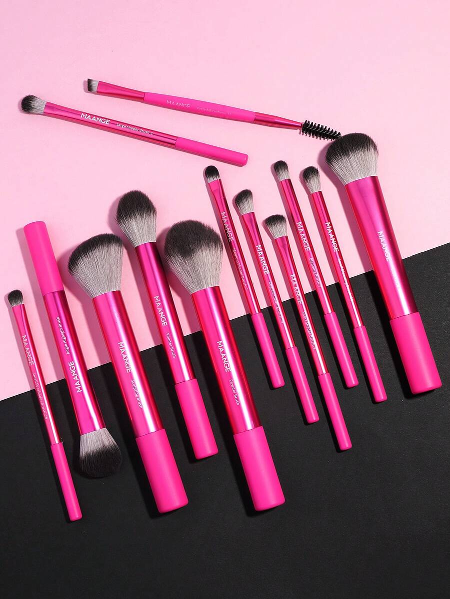 MAANGE 13pcs Professional Soft Aluminum Tube Makeup Brush Set,Soft Foundation Brush, Eyeshadow Brush, Eyebrow Brush, Blending Brush,Highlight Brush,Concealer Brush,Makeup Brush For Powder Liquid Cream,For Daily Use And Travel,Makeup Accessories Gifts For Friends - 玫紅色 - 查看 1