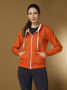 Women's Cold Weather Blouse Sweatshirt Coat With Zipper And Plain Hood Various Colors - Màu Cam cháy - Xem 1