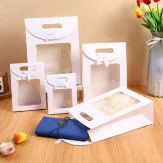 3/6pcs Rectangular Gift Bags, Kraft Paper Gift Bags With Bow And Clear Window, White Storage Bags, Christmas & New Year Gift Wrapping & Storage, Festive & Wedding Gift Supplies, Valentine's Day Wedding Decorations