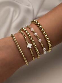 5Pcs/Set Bohemia Golden CCB Beaded Bracelets For Women Artificial Pearls Stackable Stretch Bead Ball Bracelet Cross Jewelry Set Gifts For Woman Teen Girls Valentines Day Jewelry Gifts