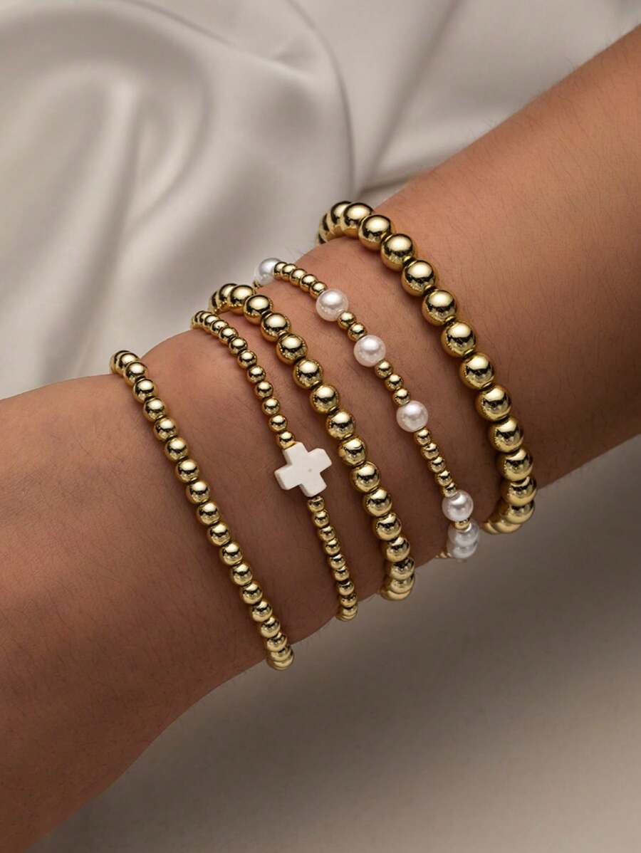 5Pcs/Set Bohemia Golden CCB Beaded Bracelets For Women Artificial Pearls Stackable Stretch Bead Ball Bracelet Cross Jewelry Set Gifts For Woman Teen Girls Valentines Day Jewelry Gifts