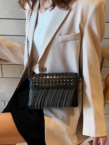 Bolso de hombro y cruzado de moda con diseño de flecos con estampado cítrico - Negro - Ver 2