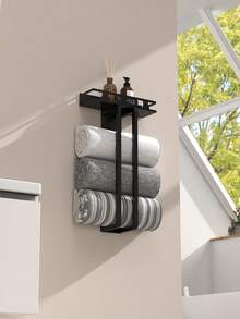 Bathroom Non-Punch Towel Rack - Storage Tray & Multi-Layer Organization, Hooks For Items Without Wall Damage - Multicolor - View 11