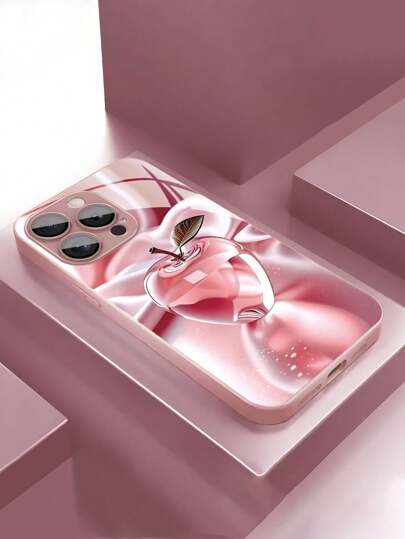 1pc Fashionable Creative Pink Crystal Apple Pattern High-Definition Tempered Glass Phone Case, Compatible With IPhone 17 Pro Max/17 Air/16 Pro Max/15/14 Plus/13/12/11/XR/8P And Galaxy S25/S24/S23 Ultra/S22/S20/Note20/Note10/A56/A53/A34/A14/A11/A05/A03S
