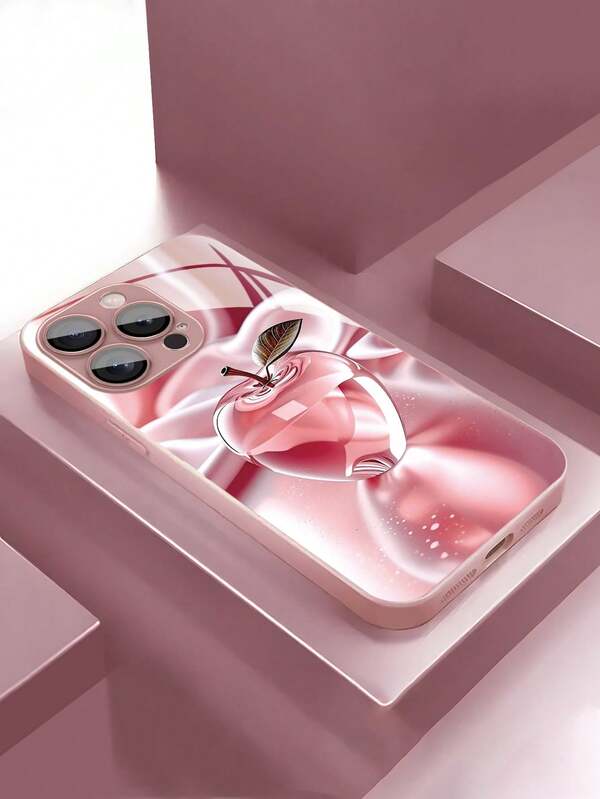 1pc Fashionable Creative Pink Crystal Apple Pattern High-Definition Tempered Glass Phone Case, Compatible With IPhone 17 Pro Max/17 Air/16 Pro Max/15/14 Plus/13/12/11/XR/8P And Galaxy S25/S24/S23 Ultra/S22/S20/Note20/Note10/A56/A53/A34/A14/A11/A05/A03S