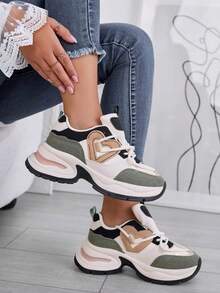 Women Plain Color Block Round Toe Casual Sports Sneakers, Everyday Wear - Green - View 3