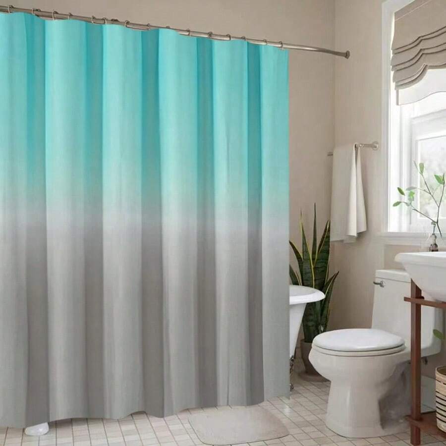1 Pc Gradient Light Blue-Gray Waterproof Machine Washable Bathroom Shower Curtainbathroom Decor Summer - Multicolor - View 1