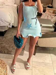 Women's Crochet Sequin Starfish Knit Mini Dress Sleeveless Bodycon Short Tank Dress Ruffle Hem Beach Party Dress - Màu xanh lam - Xem 2