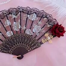 Abanico plegable vintage de rosas de estilo flamenco español - Elegante abanico de mano negro para damas, adecuado para fiestas y bodas, perfecto para decoración de habitaciones