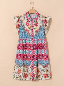 Acelitt 波西米亚风印花荷叶袖开襟衬衫裙，夏季 - 彩色 - 查看 5