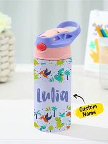 1pc Custom Name Stainless Water Bottle With Silicone Straw, Custom Water Bottle, 12oz - 350mL, Personalized Name Insulated Cup, Personalized Stainless Water Bottle, Custom Names Insulated Leak Proof Lid, 5 Colors Available, Stainless Cup, Stainless Bottle, Spill-Proof Lid, First Day Of School, Back To School Gift, Water Bottle For Party, Travel, School, Ideal Gift For Birthday - Dinosaur Park - View 9