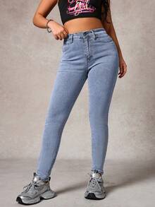 Jeans elásticos casuales ajustados de unicolor para mujer