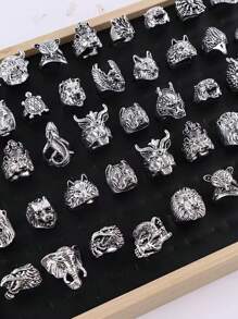 20 Stück/Set Punk Zufallsdesign, zufällige Größe Tier Löwe Tiger Schildkröte Elefant Schlange Eule Fingerringe Set für Männer und Frauen