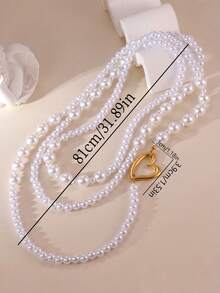 1pc Fashion 18K Plated Stainless Steel Faux Pearl Hollow Heart Long Necklace, Stackable Jewelry Accessories Suitable For Women To Wear On Holidays And Parties - Love - View 2