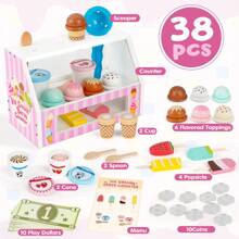 Dreamon Heladería infantil, accesorios de tienda de 38 piezas, juguetes Montessori, juguetes de madera para helados con monedas, regalos de juego de rol para niños y niñas a partir de 3 años.