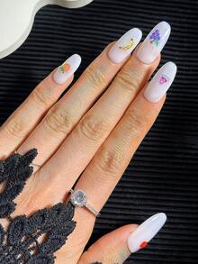 Set de 10 uñas postizas ovaladas francesas hechas a mano, con diseño de arte de frutas de colores, contraste de color 3D, cobertura completa brillante, uñas falsas DIY, suministros de arte de uñas - Multicolor - Ver 4