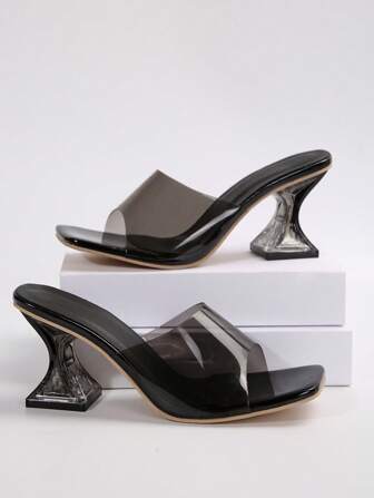 女士夏季新款高跟拖鞋，优雅透明高跟凉鞋，时尚不对称水晶高跟凉鞋，适合晚会、派对、婚礼、办公室等场合，搭配女装