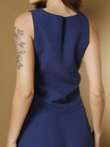 Tailored Set Elegant Set Set Of Palazzo Pants And Blouse - 藏蓝色 - 查看 8