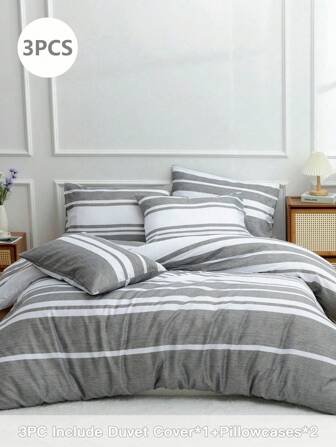 三件套床上用品，双面被套三件套（2个枕套，1个被套），四季皆宜，白色/浅灰色条纹被套，标准双人/加大双人床尺寸，适用于卧室、宿舍（男生/女生）、旅行。