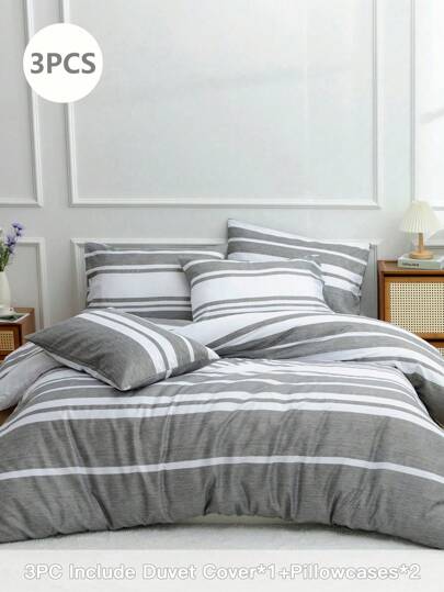 Conjunto de cama 3 peças para casa, capa de edredom dupla face de 3 peças (2 fronhas + 1 capa de edredom) para todas as estações, roupa de cama listrada branca/cinza claro, tamanho grande/grande para quarto, dormitório (meninos/meninas), viagem