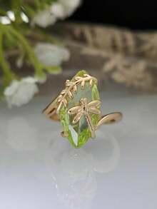 1枚优雅蜻蜓造型橄榄绿和玫瑰红宝石铜合金金戒指 - 款式3 - 查看 7