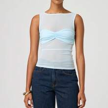 Women's Sheer Mesh Tank Tops Sleeveless Mock Round Neck Solid Color See Through Slim Fit Ruched Halter Vest - Baby Blue - View 2