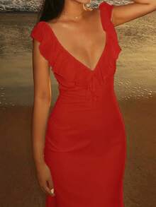 Sensual Figure-Hugging Dress With Ruffle Trim And Tie - Red - View 5
