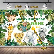 1 pieza de Pancarta personalizable de poliéster para fiesta de cumpleaños, muestra foto personalizada, nombre y edad, con temática de animales, adecuado para decoración de fiesta de cumpleaños, con lindos dibujos animados de animales de la selva, disponible en múltiples tamaños
