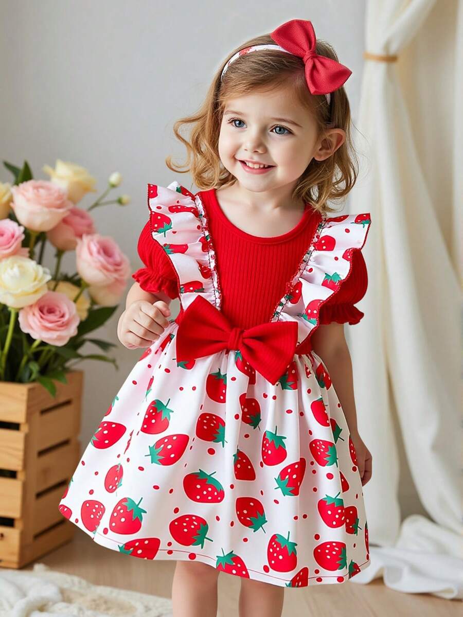 Baby Girls' Cute Round Neck Puff Sleeve Ruffle Hem Strawberry Print A-Line Dress, Red, Christmas/Valentine's Day Outfit, Suitable For Spring/Summer Casual Wear - Red - View 1