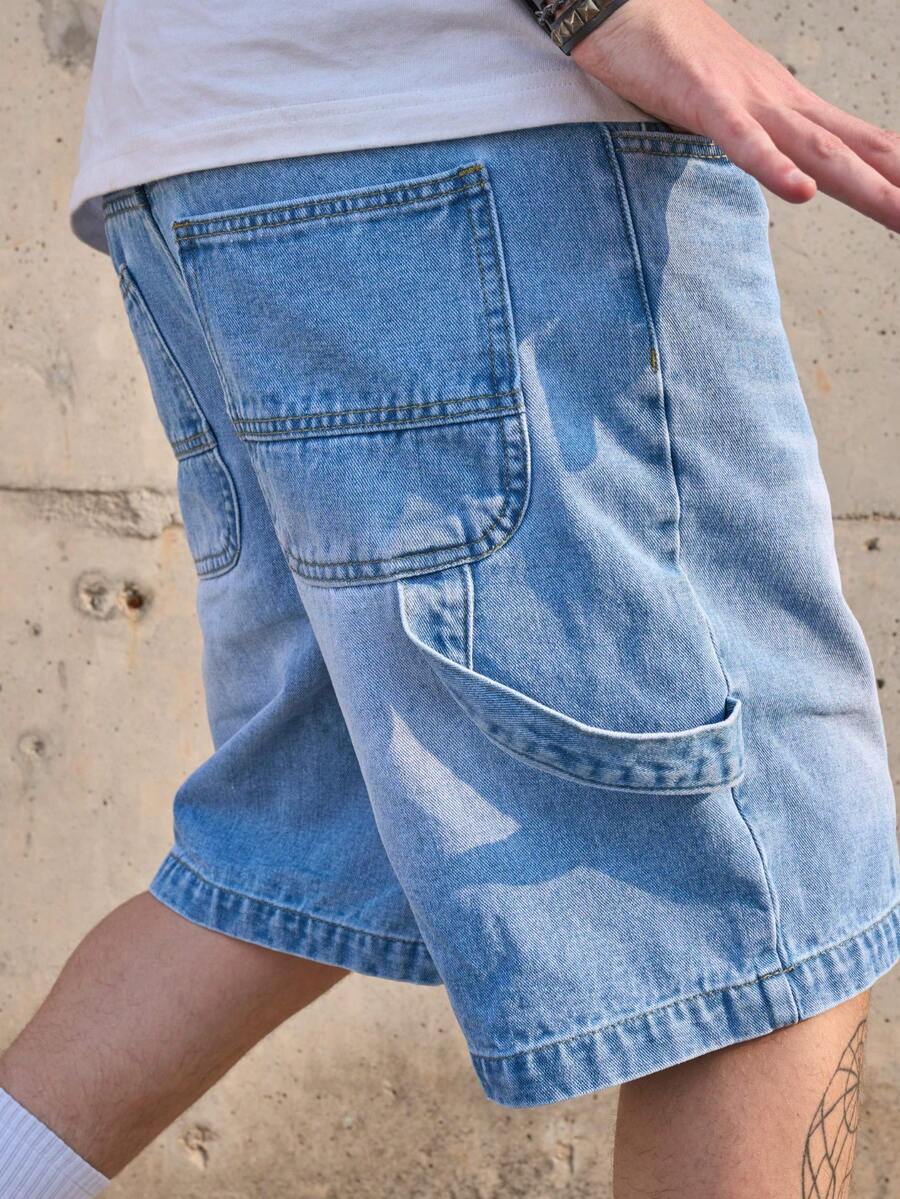 男士休闲破洞牛仔短裤，宽松美式复古浅蓝色百慕大短裤，夏季