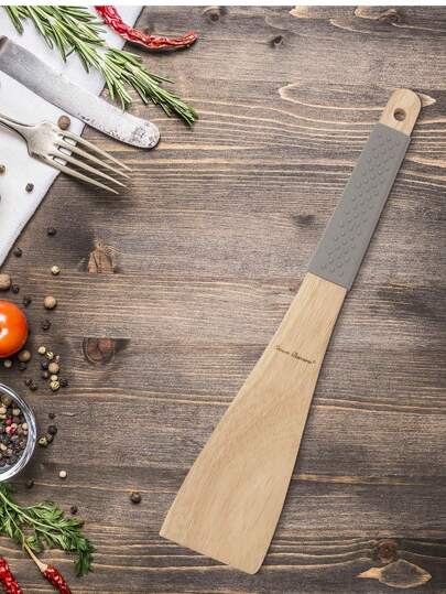 Volteador de Madera con Mango de Silicón Antideslizante 33 cm Cocina Antirayaduras - Utensilio de Cocina Resistente Ideal para Sartén Antiadherente