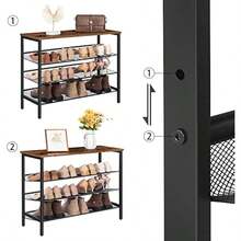 4-Tier Shoe Rack Shoe Storage Organizer With 3 Adjustable Mesh Shees Metal Frame Industrial Shoe Rack For Entryway Bedroom Hallway Rustic Brown And Black EUBF14XJ01 - as pic - View 6