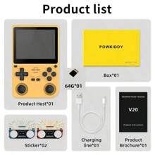 powkiddy Portable Arcade Game Console Features An Open-Source Linux System, 3.5-Inch IPS High-Definition Display, 64GB 10K+Expexptable Game Storage, An OTG Interface, 5000mAh Rechargeable Lithium Battery, USB Charging, And Is Made Of ABS Material. It Is An Ideal Holiday Gift For Outdoor Activities And Offers A Fresh And Eye-Catching Display For Outdoor Adventures. The Design Is Durable And Does Not Require Batteries