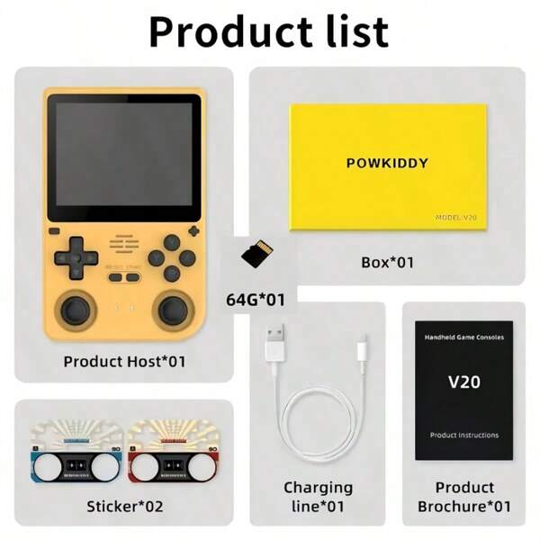 powkiddy Console de Jogo de Arcade Portátil com Sistema Linux de Código Aberto, Tela IPS HD de 3,5 Polegadas, Armazenamento de Jogos Expansível de 64GB 10K+, Interface OTG, Bateria de Íon de Lítio Recarregável de 5000mAh, Carregamento USB e Feito de Material ABS. É um presente ideal para férias, atividades ao ar livre e oferece um display fresco e chamativo para aventuras ao ar livre. O design é durável e não requer baterias.
