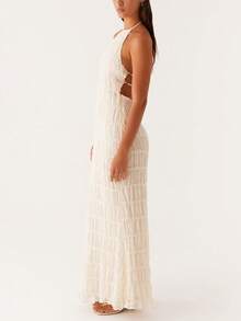 Women's Backless Smocked Maxi Dress Sexy Spaghetti Strap Cut Out Flowy Beach Long Dress Vacation Casual Sundresses Ivory White - Màu be - Xem 5