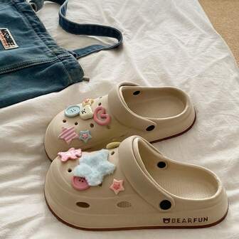 1 Pair Women's Star & Bear Design Fashion Casual Cute Cartoon Hollow Out Summer Slippers, Suitable For Party, Office And Home