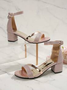 Sandales élégantes à talon épais pour femmes - Bout ouvert, talon couvert, design pailleté, talons d'été