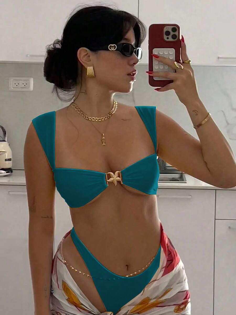 New Arrival Spring/Summer Women's Sexy Casual Blue Wide Strap Starfish Decor Bikini Set Set, Beach Holiday Party Date Vacation - Blue - View 1